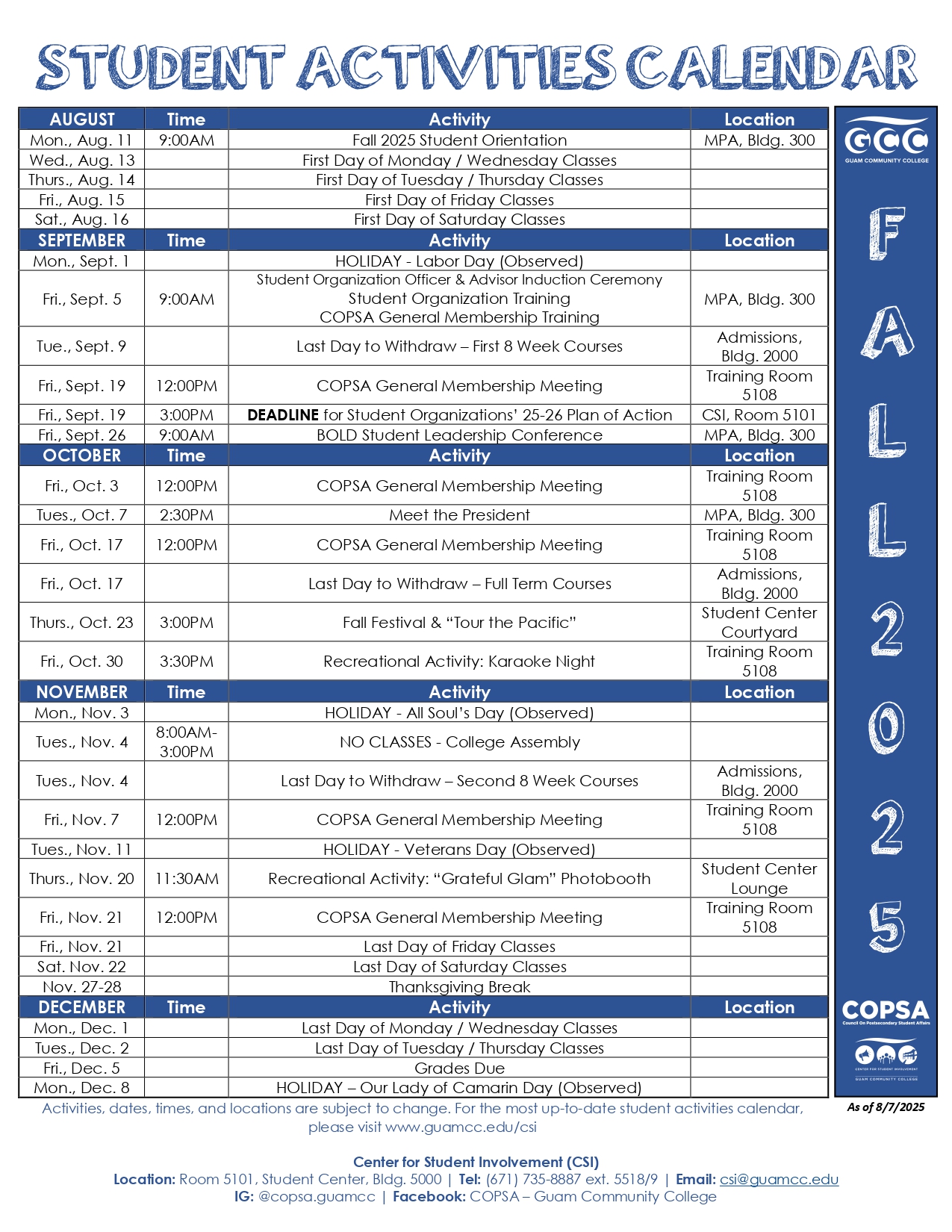 FA25 Student Activities Calendar